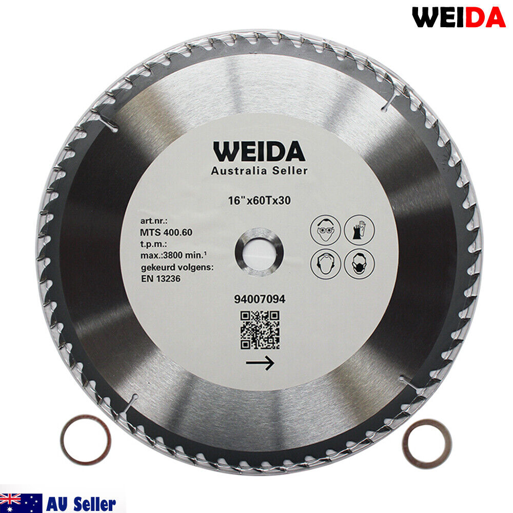 A 400mm Wood Circular Saw Blade Cutting Disc 16’’ 60T Bore 30/25.4/22.23mm K 3.5mm with the brand name "WEIDA" printed on it. The cutting disc features technical specs like "16'' x 60T x 30." Two metal rings are positioned on either side of the blade, and the "AU Seller" logo is visible.