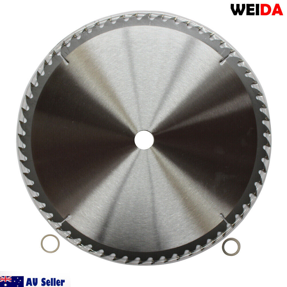 A 400mm Wood Circular Saw Blade Cutting Disc 16’’ 60T Bore 30/25.4/22.23mm K 3.5mm with the brand name "WEIDA" printed on it. The cutting disc features technical specs like "16'' x 60T x 30." Two metal rings are positioned on either side of the blade, and the "AU Seller" logo is visible.