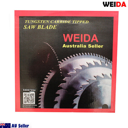 A 400mm Wood Circular Saw Blade Cutting Disc 16’’ 60T Bore 30/25.4/22.23mm K 3.5mm with the brand name "WEIDA" printed on it. The cutting disc features technical specs like "16'' x 60T x 30." Two metal rings are positioned on either side of the blade, and the "AU Seller" logo is visible.