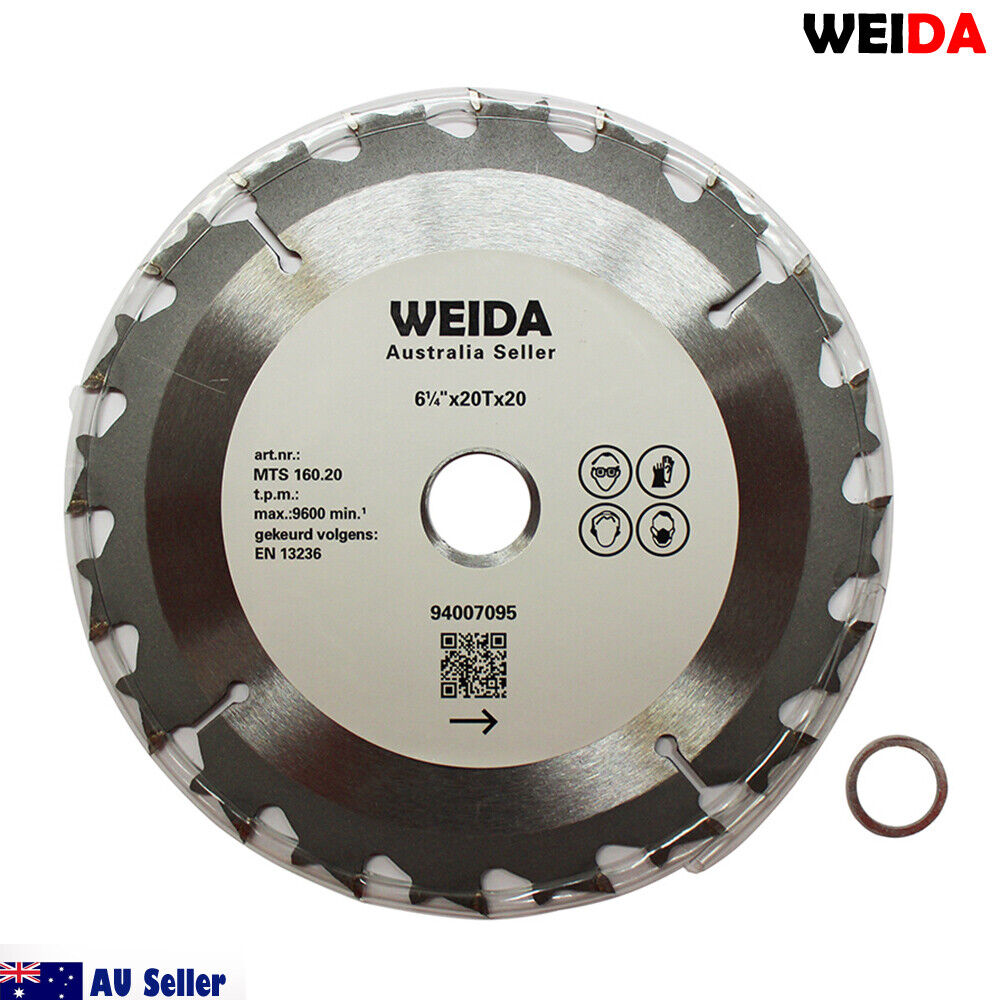 160mm Wood Circular Saw Blade Cutting Disc 6-1/4" 20T Bore 20/16mm K 1.6mm labeled "WEIDA," designed for an Australian seller. The 6.5-inch diameter blade, perfect for wood cutting, boasts specifications MTS 160x20 and 94007095. Featuring tungsten carbide tipped teeth, it includes an attachment ring and displays "AU Seller" alongside the Australian flag.