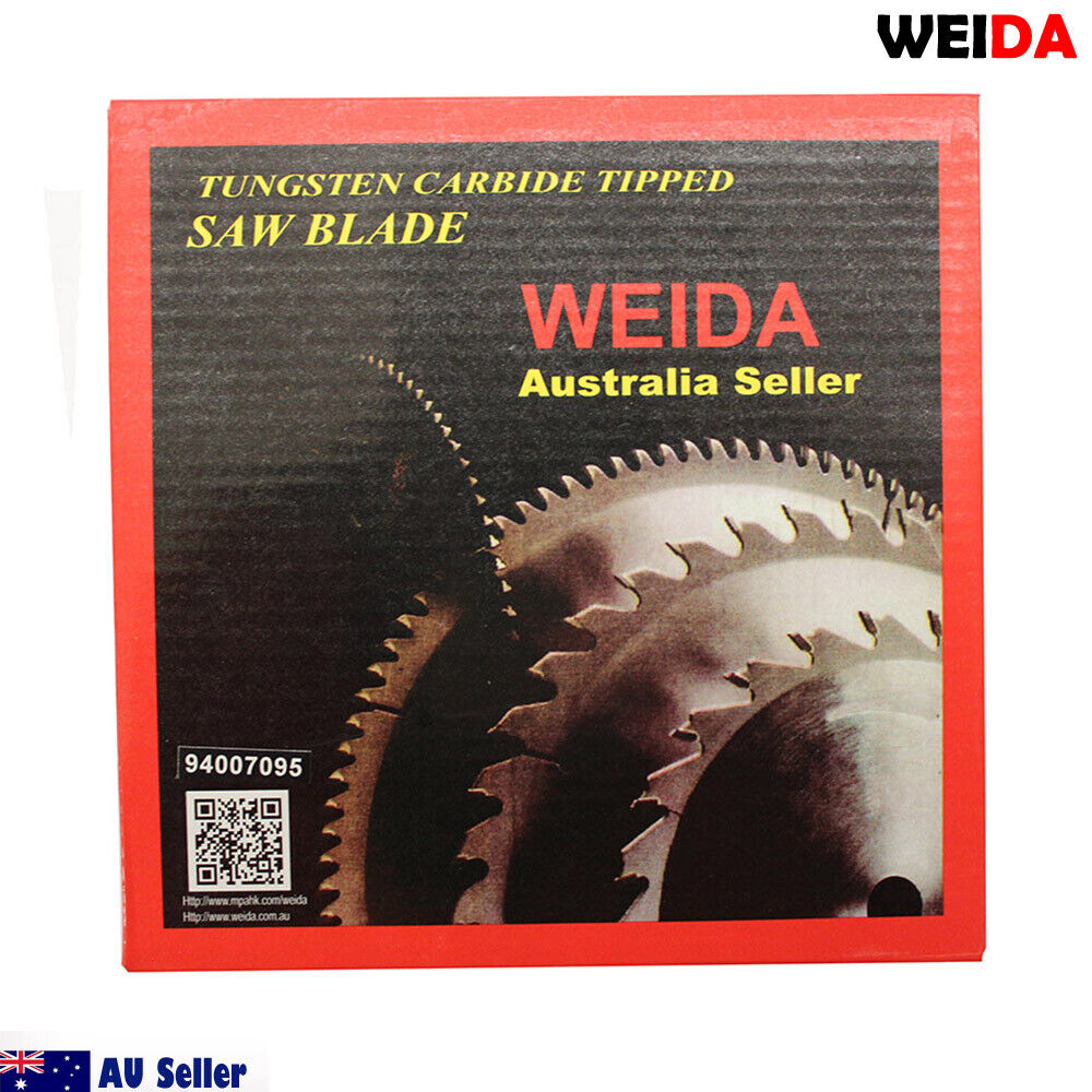 160mm Wood Circular Saw Blade Cutting Disc 6-1/4" 20T Bore 20/16mm K 1.6mm labeled "WEIDA," designed for an Australian seller. The 6.5-inch diameter blade, perfect for wood cutting, boasts specifications MTS 160x20 and 94007095. Featuring tungsten carbide tipped teeth, it includes an attachment ring and displays "AU Seller" alongside the Australian flag.