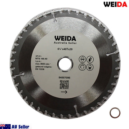 A 160mm 40T Wood Circular Saw Blade Cutting Disc 6-1/4" Bore 20/16mm Kerf 1.6mm Cut marked "WEIDA Australia Seller," featuring specifications like 6 1/2"x40Tx20 and a maximum of 9600 min-1. The silver blade has a black and white center, with a small metal washer beside it. "AU Seller" is noted alongside a small Australian flag in the corner.