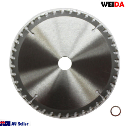 A 160mm 40T Wood Circular Saw Blade Cutting Disc 6-1/4" Bore 20/16mm Kerf 1.6mm Cut marked "WEIDA Australia Seller," featuring specifications like 6 1/2"x40Tx20 and a maximum of 9600 min-1. The silver blade has a black and white center, with a small metal washer beside it. "AU Seller" is noted alongside a small Australian flag in the corner.