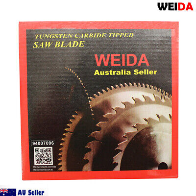 A tungsten carbide tipped circular saw blade labeled "WEIDA Australia Seller" features dimensions of 2x 160mm 40T Wood Circular Cutting Disc Saw Blade6-1/4" Bore 20/16mm Kerf 1.6mm and other technical details. The silver-colored blade boasts sharp teeth around the edge, ideal as a wood circular saw blade. An additional small circular ring is shown beside the blade.