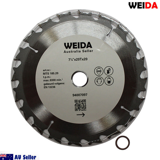 A 185mm wood circular saw blade marked "WEIDA, Australia Seller" with specifications "185mm Wood Circular Saw Blade Cutting Disc 7-1/4\" 20T Bore20/16mm Kerf 1.6mm Cut" displayed prominently. The tungsten carbide tipped blade has a serrated edge, safety icons, and a QR code below. Positioned against a white background with "WEIDA" in the top right corner.