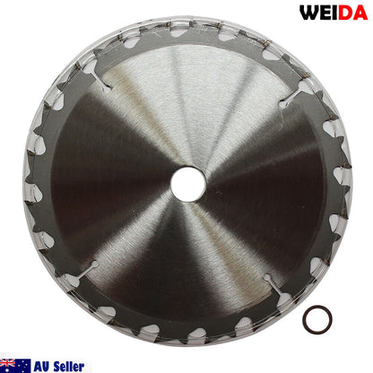 A 185mm wood circular saw blade marked "WEIDA, Australia Seller" with specifications "185mm Wood Circular Saw Blade Cutting Disc 7-1/4\" 20T Bore20/16mm Kerf 1.6mm Cut" displayed prominently. The tungsten carbide tipped blade has a serrated edge, safety icons, and a QR code below. Positioned against a white background with "WEIDA" in the top right corner.