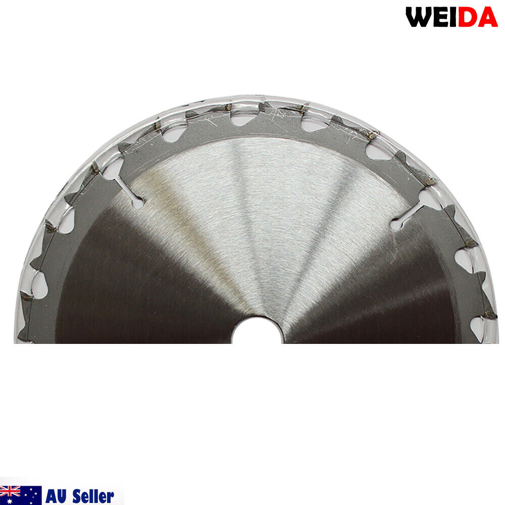 A 185mm wood circular saw blade marked "WEIDA, Australia Seller" with specifications "185mm Wood Circular Saw Blade Cutting Disc 7-1/4\" 20T Bore20/16mm Kerf 1.6mm Cut" displayed prominently. The tungsten carbide tipped blade has a serrated edge, safety icons, and a QR code below. Positioned against a white background with "WEIDA" in the top right corner.