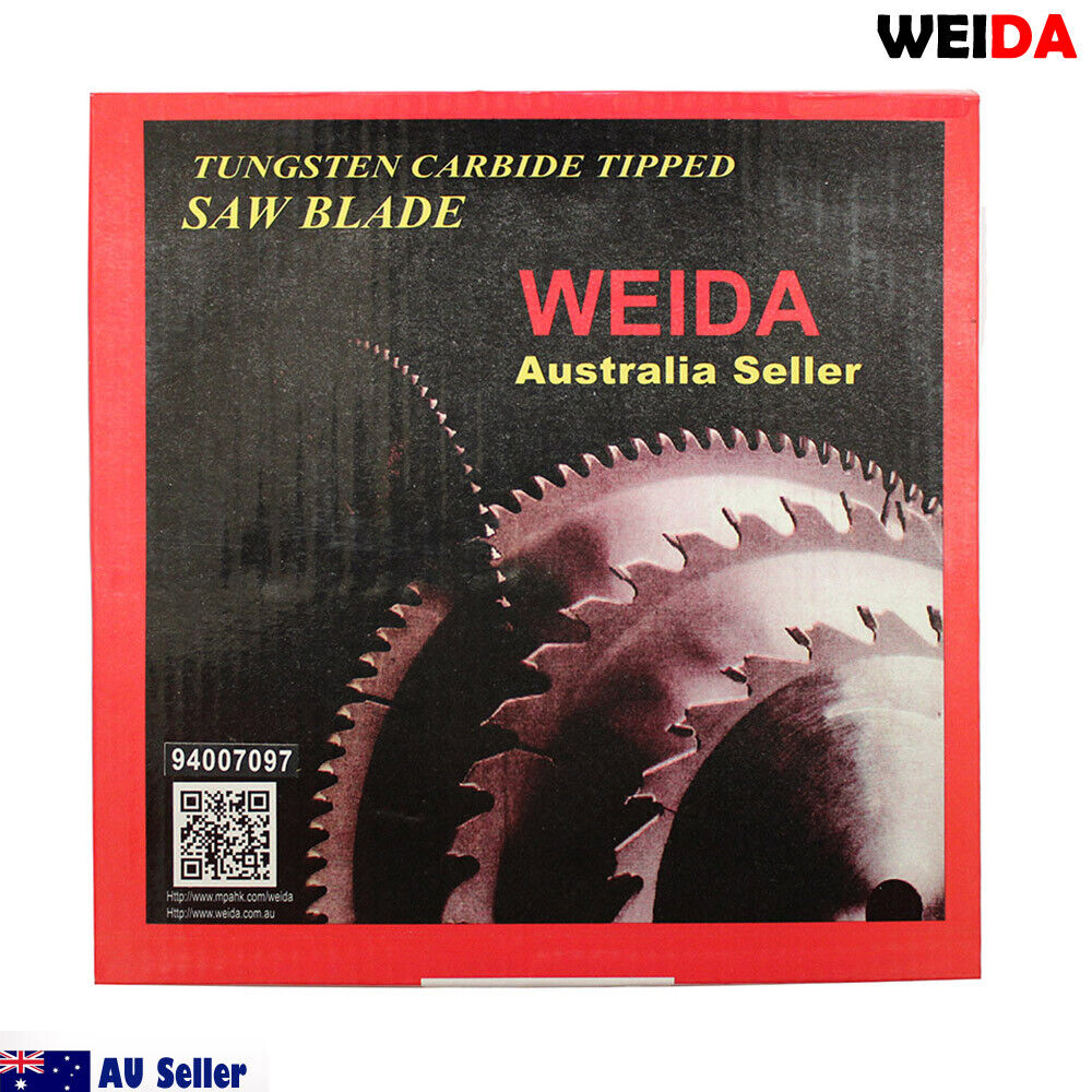 A 185mm wood circular saw blade marked "WEIDA, Australia Seller" with specifications "185mm Wood Circular Saw Blade Cutting Disc 7-1/4\" 20T Bore20/16mm Kerf 1.6mm Cut" displayed prominently. The tungsten carbide tipped blade has a serrated edge, safety icons, and a QR code below. Positioned against a white background with "WEIDA" in the top right corner.