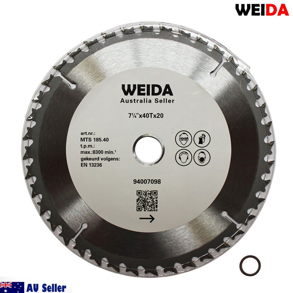 2x 185mm 40T Wood Circular Saw Blade Cutting Disc 7-1/4” Bore 20/16mm Kerf 1.6mm with "WEIDA" brand name and specifications including 7 1/4" diameter and 40 tungsten carbide tipped teeth. Includes various safety and certification icons. The cutting disc is suited for 8300 RPM maximum. Also shown is a small circular metal component, likely a washer. "AU Seller" icon is present.