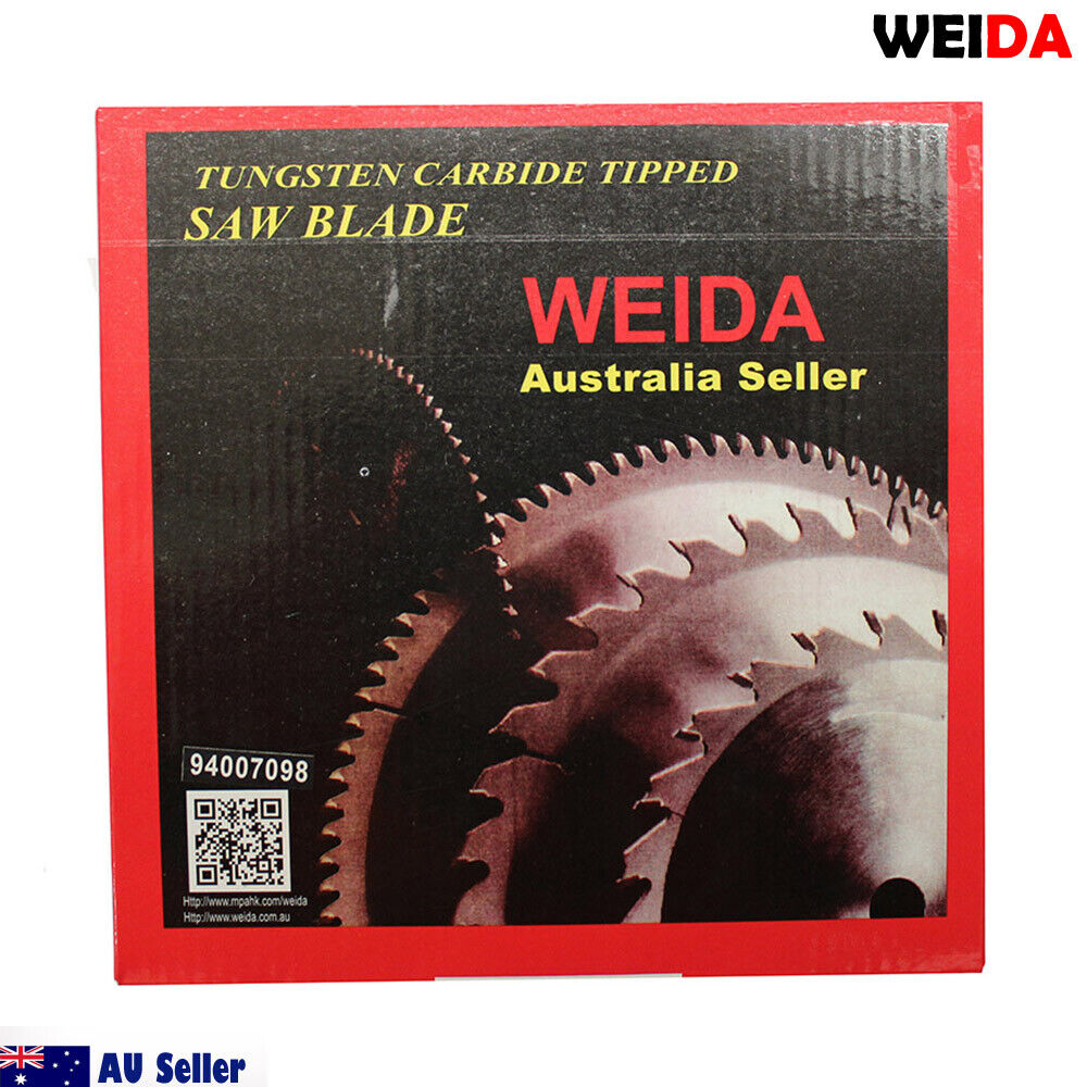 2x 185mm 40T Wood Circular Saw Blade Cutting Disc 7-1/4” Bore 20/16mm Kerf 1.6mm with "WEIDA" brand name and specifications including 7 1/4" diameter and 40 tungsten carbide tipped teeth. Includes various safety and certification icons. The cutting disc is suited for 8300 RPM maximum. Also shown is a small circular metal component, likely a washer. "AU Seller" icon is present.