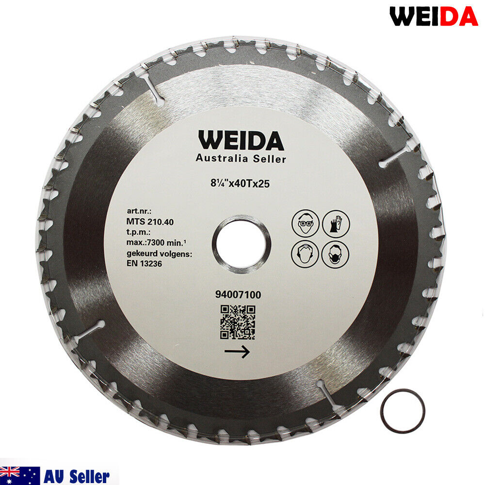 A 210mm 40T Wood Circular Saw Blade Cutting Disc 8-1/4" Bore 25/22.2mm Kerf 1.8mm with sharp tungsten carbide tipped teeth and detailed specifications in the center, including size and maximum speed. A small metal ring is placed next to the cutting disc. The image background is white.