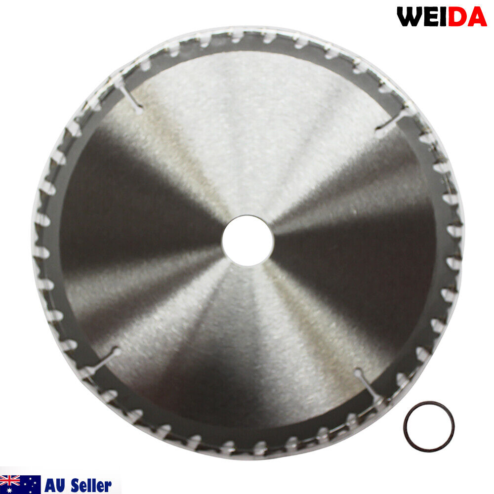 A 210mm 40T Wood Circular Saw Blade Cutting Disc 8-1/4" Bore 25/22.2mm Kerf 1.8mm with sharp tungsten carbide tipped teeth and detailed specifications in the center, including size and maximum speed. A small metal ring is placed next to the cutting disc. The image background is white.