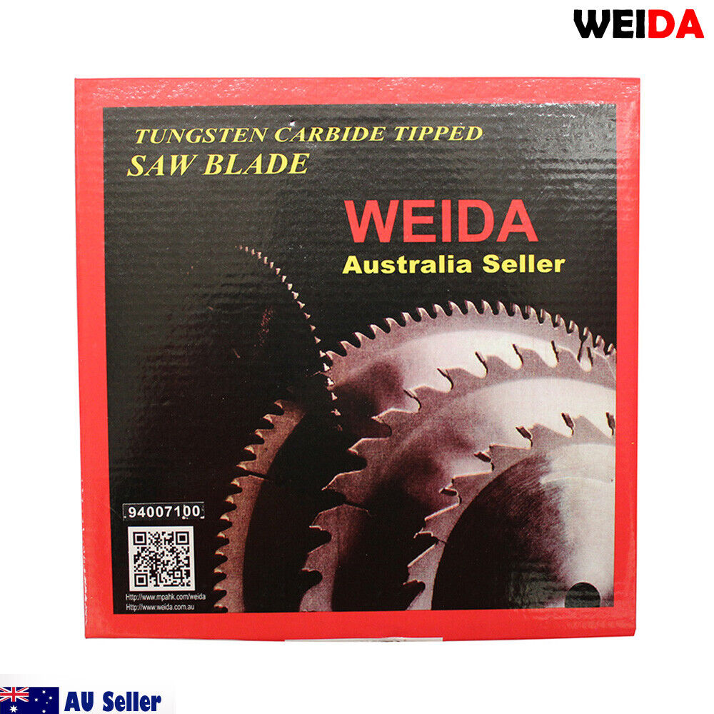 Circular saw blade labeled "4x 210mm Wood Circular Saw Blade Cutting Disc 8-1/4" 40T Bore 25/22.23mm K 1.8mm" with product details including dimensions (8¼"x40Tx25), seller information ("Australia Seller"), and a QR code at the center. The tungsten carbide tipped wood circular saw blade comes with an additional loose washer ring beside it. Logos indicate adherence to safety standards.