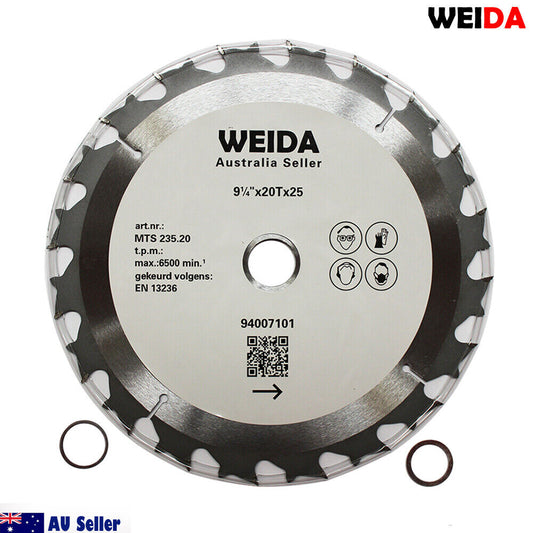 Image of a 235mm 20T Wood Circular Saw Blade Cutting Disc 9-1/4" Bore 25/22.23mm Kerf 1.8mm with specifications printed on it. The cutting disc is 9.4 inches in diameter with 20 teeth and a 25mm bore. The blade features a QR code and certification markings. Two washer rings are shown beside the blade on a white background.
