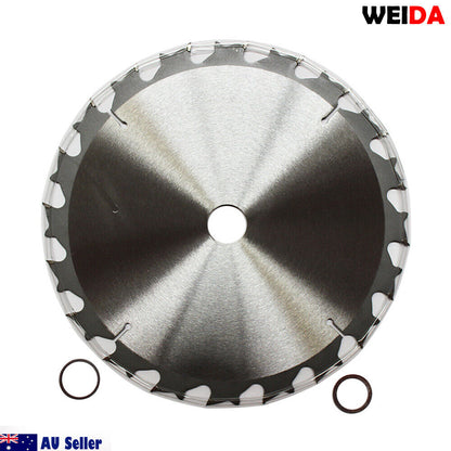 Circular saw blade branded "2x 235mm 20T Wood Circular Saw Blade Cutting Disc 9-1/4" Bore 25/22.2mm Kerf 1.8" with a diameter of 235mm and thickness of 20 teeth. The tungsten carbide tipped (TCT) cutting disc, measuring 9-1/4 inches, displays product details and a QR code in the central section. Two small metal rings are placed next to the blade, with Australian seller information at the bottom.