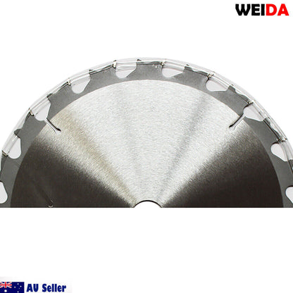 Circular saw blade branded "2x 235mm 20T Wood Circular Saw Blade Cutting Disc 9-1/4" Bore 25/22.2mm Kerf 1.8" with a diameter of 235mm and thickness of 20 teeth. The tungsten carbide tipped (TCT) cutting disc, measuring 9-1/4 inches, displays product details and a QR code in the central section. Two small metal rings are placed next to the blade, with Australian seller information at the bottom.