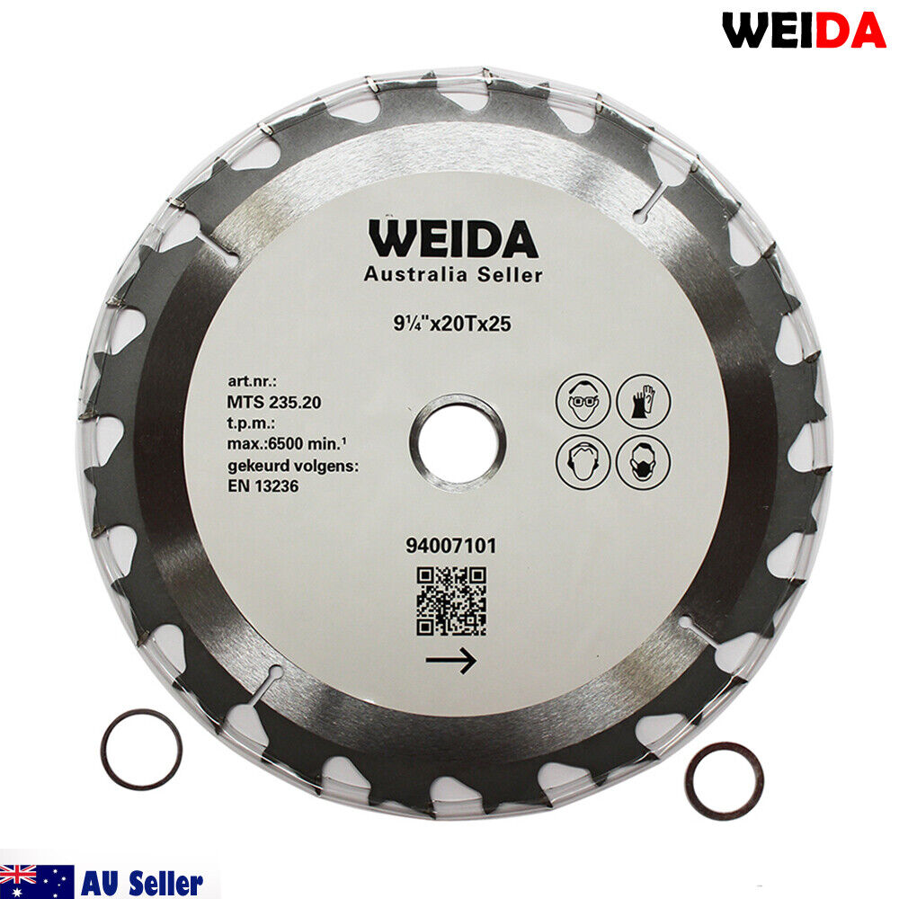 A 3x 235mm 20T Wood Circular Saw Blade Cutting Disc 9-1/4" Bore 25/22.2mm Kerf 1.8 with the brand name "WEIDA" printed on the center. This tungsten carbide tipped blade has specs listed: 9-1/4"x20Tx25, MTS 235.20, max 6500 min-1, and conforms to EN 13236. It includes two metal rings and features an Australian seller badge.
