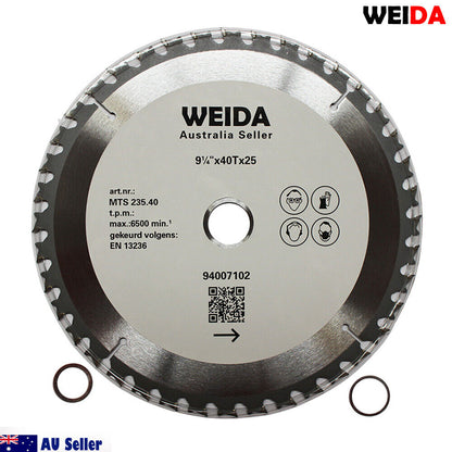 A circular saw blade labeled "235mm 40T Wood Circular Saw Blade Cutting Disc 9-1/4" Bore 25/22.2mm Kerf 1.8mm," tungsten carbide tipped, with specifications 9½"x40Tx25. Model number 94007102 and compliance marks are visible. The background is white and the blade's packaging is displayed along with two loose cutting discs to the sides. The "AU Seller" logo is present in the bottom left corner.