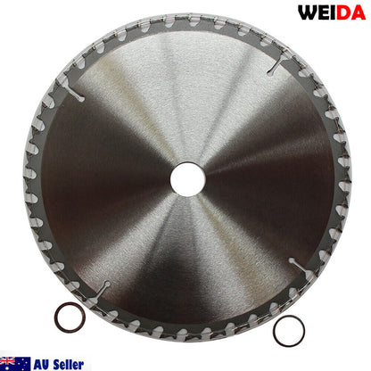 A 2x 235mm 40T Wood Circular Saw Blade Cutting Disc 9-1/4" Bore 25/22.2mm Kerf 1.8 branded WEIDA displayed upright. The blade specifications include 9 1/4" x 40T x 25 with model number 94007102. This tungsten carbide tipped, 235mm wood circular saw blade features icons for safety gear and certifications. "AU Seller" and an Australian flag are in the bottom left corner.