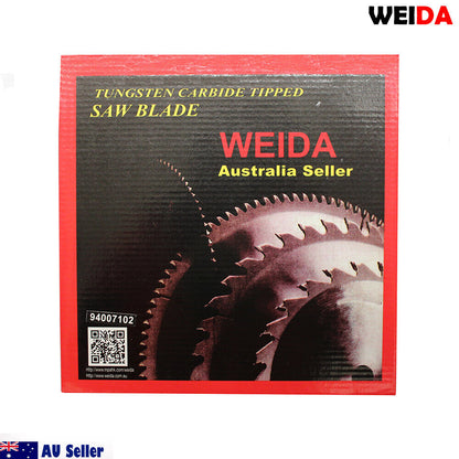 A 2x 235mm 40T Wood Circular Saw Blade Cutting Disc 9-1/4" Bore 25/22.2mm Kerf 1.8 branded WEIDA displayed upright. The blade specifications include 9 1/4" x 40T x 25 with model number 94007102. This tungsten carbide tipped, 235mm wood circular saw blade features icons for safety gear and certifications. "AU Seller" and an Australian flag are in the bottom left corner.