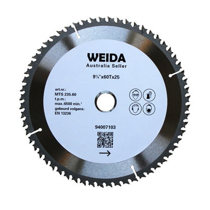 A 235mm Wood Circular Saw Blade Cutting Disc 9-1/4" 60T Bore 25/22.23mm K 1.8mm with various specifications including a diameter of 9.5 inches and a bore of 25mm. The blade is labeled "WEIDA Australia Seller" and has additional information for wood cutting printed on the blade along with a QR code and icons.