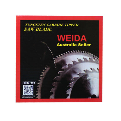 A 235mm Wood Circular Saw Blade Cutting Disc 9-1/4" 60T Bore 25/22.23mm K 1.8mm with various specifications including a diameter of 9.5 inches and a bore of 25mm. The blade is labeled "WEIDA Australia Seller" and has additional information for wood cutting printed on the blade along with a QR code and icons.