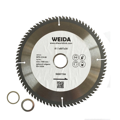 An image of a 210mm Wood Circular Saw Blade Cutting Disc ATB 8-1/4" 80T Bore 25.4/22.23mm K2.5 with dimensions 8 1/4" x 80T x 30. The blade is silver with a white center displaying product details, a QR code, and website information. Two small washers are placed at the bottom left of the cutting disc.