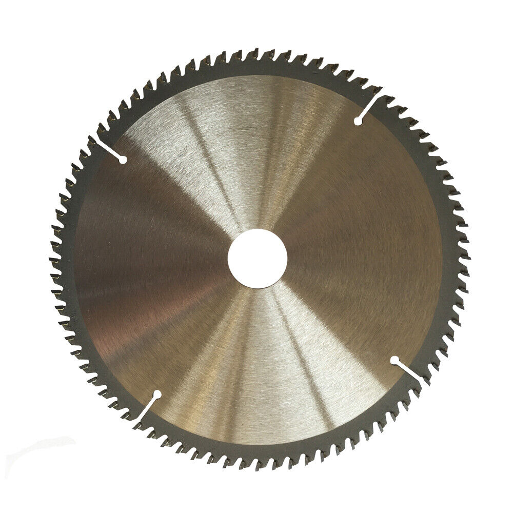 An image of a 210mm Wood Circular Saw Blade Cutting Disc ATB 8-1/4" 80T Bore 25.4/22.23mm K2.5 with dimensions 8 1/4" x 80T x 30. The blade is silver with a white center displaying product details, a QR code, and website information. Two small washers are placed at the bottom left of the cutting disc.