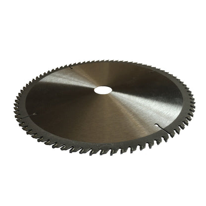 An image of a 210mm Wood Circular Saw Blade Cutting Disc ATB 8-1/4" 80T Bore 25.4/22.23mm K2.5 with dimensions 8 1/4" x 80T x 30. The blade is silver with a white center displaying product details, a QR code, and website information. Two small washers are placed at the bottom left of the cutting disc.