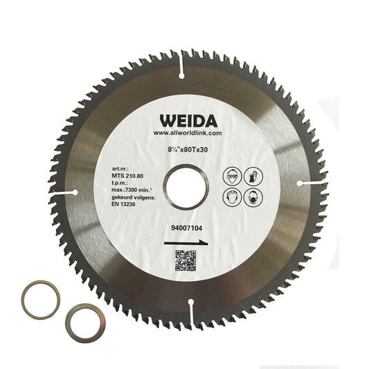 An image of a 3x210mm Wood Circular Saw Blade Cutting Disc ATB 8-1/4" 80T Bore 25.4/22.23mm K2 with specifications printed on its center. The blade is 210mm in diameter with 80 teeth and a 30mm arbor hole. Two reducing rings are placed beside the cutting disc. The saw blade has a silver body and a black center.