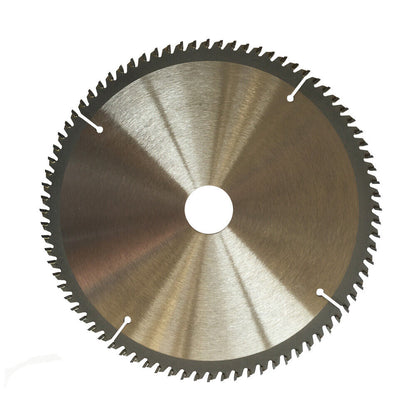 An image of a 3x210mm Wood Circular Saw Blade Cutting Disc ATB 8-1/4" 80T Bore 25.4/22.23mm K2 with specifications printed on its center. The blade is 210mm in diameter with 80 teeth and a 30mm arbor hole. Two reducing rings are placed beside the cutting disc. The saw blade has a silver body and a black center.