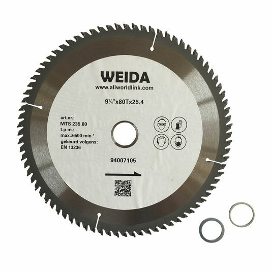 A 235mm Wood Circular Saw Blade Cutting Disc ATB 9-1/4" 80T Bore 25.4/22.23mm K2.8 featuring 80 tungsten carbide tipped teeth and a 25.4 mm arbor size. The cutting disc, measuring 9-1/4 inches in diameter, is accompanied by two small metal rings. Various specifications and logos are also visible on the blade's surface