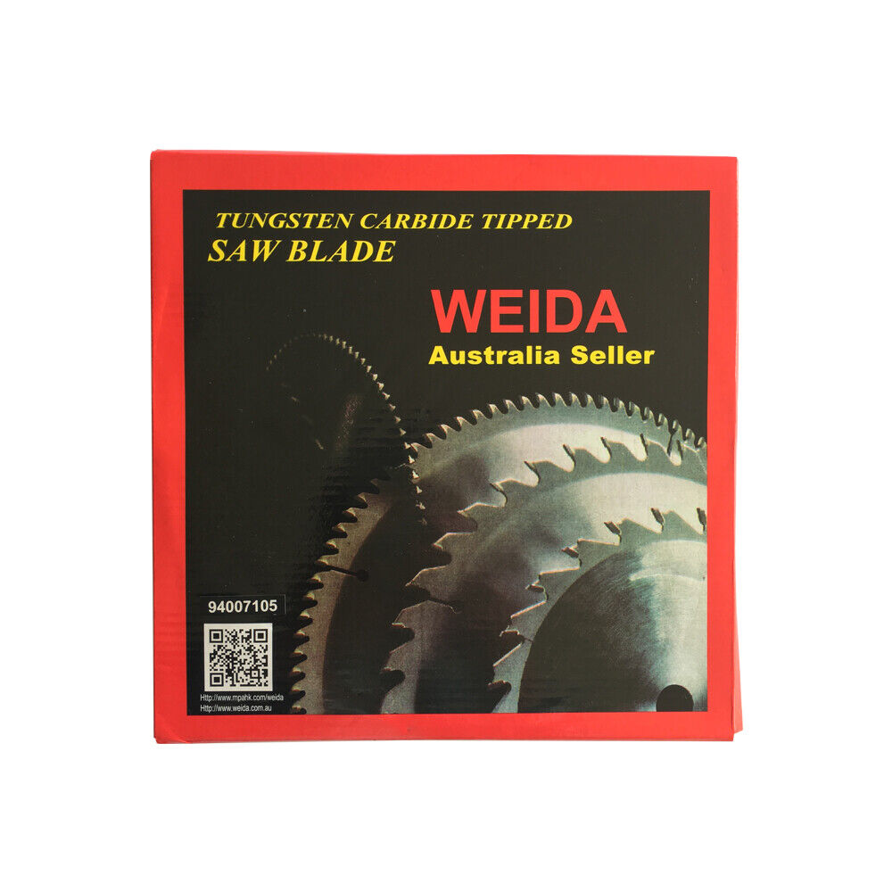 An industrial circular saw blade with the brand name "WEIDA" written on it. The 2x 235mm Wood Circular Saw Blade Cutting Disc ATB 9-1/4" 80T Bore 25.4/22.23 K, tungsten carbide tipped, has markings detailing its size (9 1/4" x 80T x 25.4) and a QR code. Two metal washers are placed next to the blade.