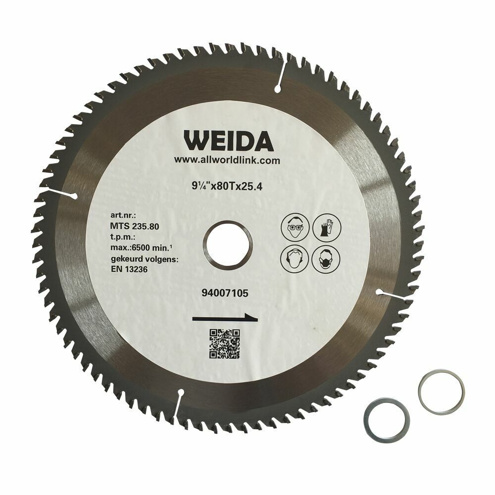 A tungsten carbide tipped, wood circular saw blade with "WEIDA" branding and specifications: 3x 235mm Wood Circular Saw Blade Cutting Disc ATB 9-1/4" 80T Bore 25.4/22.23 K. Art. number MTS 235.80, maximum 6500 rpm, compliant with EN 13236. Below is a barcode and two metal washers next to the blade.

