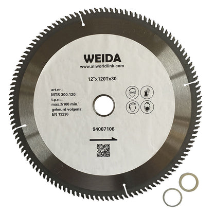 A circular saw blade with sharp, evenly spaced teeth, labeled "WEIDA" and website "www.allworldlink.com." It has specifications including a 300mm Wood Circular Saw Blade Cutting Disc ATB 9-1/4" 120T Bore 30/22.23mm K3.2m and is tungsten carbide tipped (tct). A QR code and two small metal rings are placed beside the blade. Industrial icons and certification details are visible.