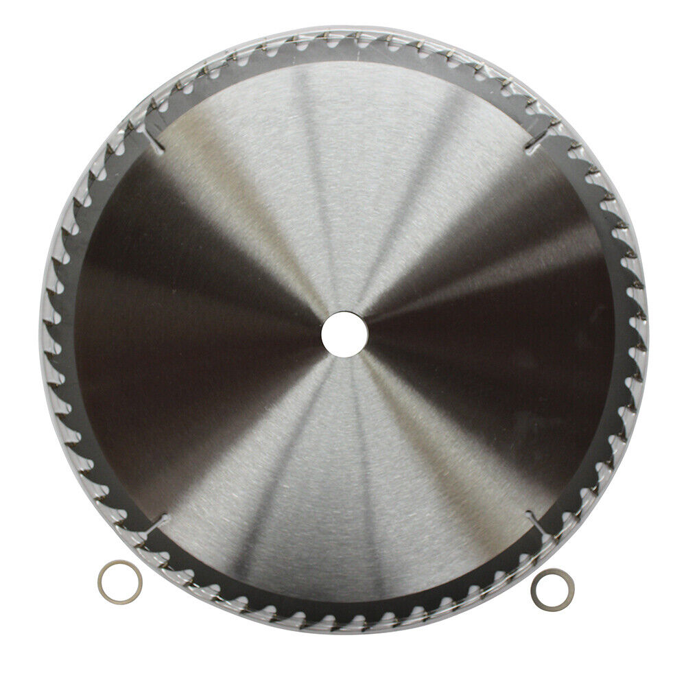 A circular saw blade with sharp, evenly spaced teeth, labeled "WEIDA" and website "www.allworldlink.com." It has specifications including a 300mm Wood Circular Saw Blade Cutting Disc ATB 9-1/4" 120T Bore 30/22.23mm K3.2m and is tungsten carbide tipped (tct). A QR code and two small metal rings are placed beside the blade. Industrial icons and certification details are visible.