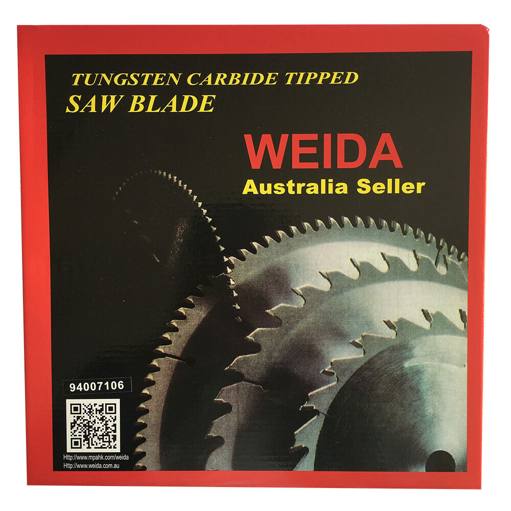 A circular saw blade with sharp, evenly spaced teeth, labeled "WEIDA" and website "www.allworldlink.com." It has specifications including a 300mm Wood Circular Saw Blade Cutting Disc ATB 9-1/4" 120T Bore 30/22.23mm K3.2m and is tungsten carbide tipped (tct). A QR code and two small metal rings are placed beside the blade. Industrial icons and certification details are visible.