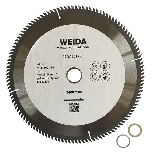 A "2x300mm Wood Circular Saw Blade Cutting Disc ATB 9-1/4" 120T Bore30/22.23mmK3.2m" wood circular saw blade with specifications 12"x120T"x30mm features numerous evenly spaced tungsten carbide tipped teeth. The packaging shows safety icons, a QR code, and two spare metal rings, ensuring you're well-prepared for precise cutting tasks.