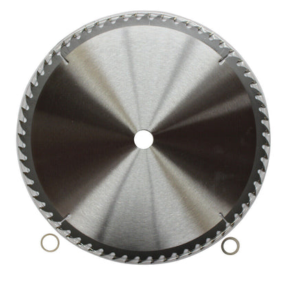 A "2x300mm Wood Circular Saw Blade Cutting Disc ATB 9-1/4" 120T Bore30/22.23mmK3.2m" wood circular saw blade with specifications 12"x120T"x30mm features numerous evenly spaced tungsten carbide tipped teeth. The packaging shows safety icons, a QR code, and two spare metal rings, ensuring you're well-prepared for precise cutting tasks.