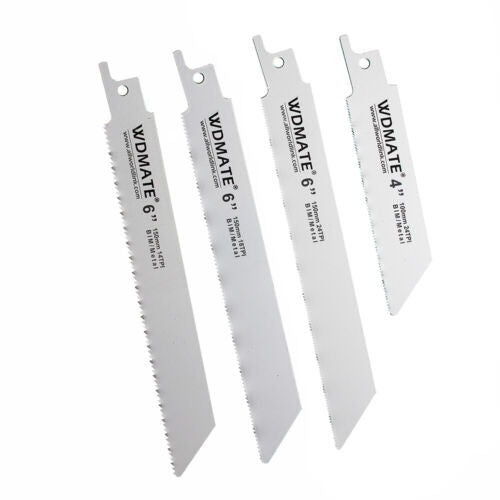 Four white reciprocating saw blades labeled "Reciprocating Saw Blade Set 8pc Soft Metal 100/150mm 4/6” 14/18/24TPI Bimetal WD" are displayed. These bimetal blades, designed for metal cutting, come in varying lengths of 4", 6", and 9". Arranged in a line, the blades progressively increase in size from right to left.