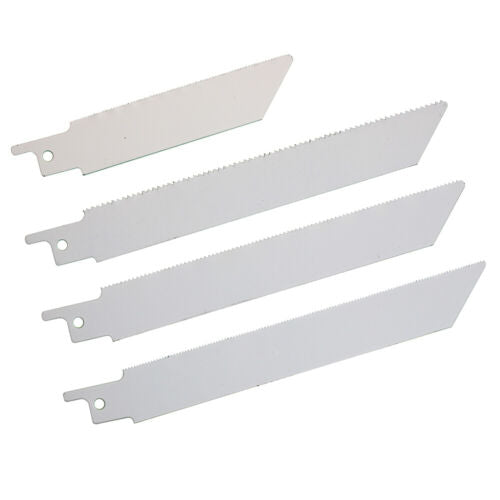 Four white reciprocating saw blades labeled "Reciprocating Saw Blade Set 8pc Soft Metal 100/150mm 4/6” 14/18/24TPI Bimetal WD" are displayed. These bimetal blades, designed for metal cutting, come in varying lengths of 4", 6", and 9". Arranged in a line, the blades progressively increase in size from right to left.