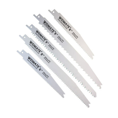 A Reciprocating Saw Blade Set 10pc Wood 150/228mm 6/9” 3/5/6/8TPI 65Mn Timber WDMA displayed fanned out. Two of the blades are 6 inches long, and four are 9 inches long. All blades are labeled "WDMATE" and have a variety of teeth configurations designed for different cutting tasks, crafted from high carbon steel for durability and precision.