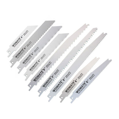 A collection of eight Reciprocating Saw Blade Set 9pc Wood Metal 100/150/228mm 4/6/9” 3/5/6/8/18/24TPI, featuring varying lengths and teeth configurations for wood and metal cutting. With measurements ranging from 4" to 9", the bimetal blades are arranged in a fan-like spread, showcasing their diversity in design and cutting capabilities.