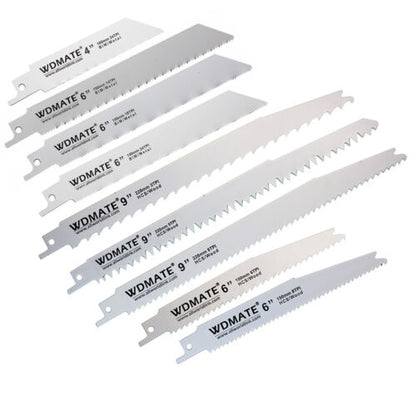 A collection of eight Reciprocating Saw Blade Set 9pc Wood Metal 100/150/228mm 4/6/9” 3/5/6/8/18/24TPI, featuring varying lengths and teeth configurations for wood and metal cutting. With measurements ranging from 4" to 9", the bimetal blades are arranged in a fan-like spread, showcasing their diversity in design and cutting capabilities.