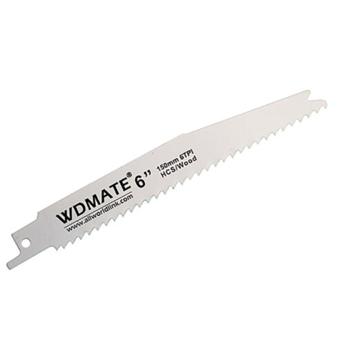 A 5x Reciprocating Saw Blade 150mm 6” 6TPI Wood Timber 65Mn WDMATE with a length of 6 inches (150mm) and 6 tpi, designed for cutting wood timber. The blade features a logo and website printed on it.