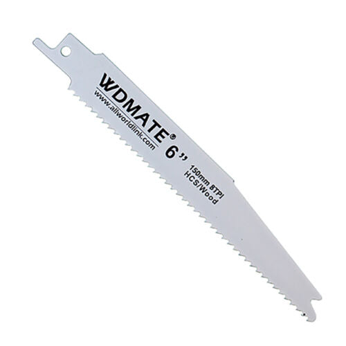 A 5x Reciprocating Saw Blade 150mm 6” 8TPI Wood Timber 65Mn WDMATE with the brand name "WDMADE" and the specifications "6", 150mm, 8TPI, HCS Wood" printed on it in black. Designed for cutting wood timber, the blade features jagged, sharp teeth along one edge.