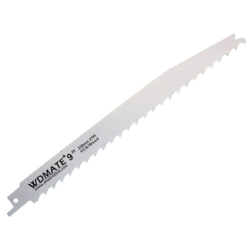 Image of a white reciprocating saw blade with sharp teeth along one edge, designed for wood timber. The blade is labeled "5x Reciprocating Saw Blade 228mm 9” 3TPI Wood Timber 65Mn WDMATE" and has mounting slots on one end for easy attachment to a saw.