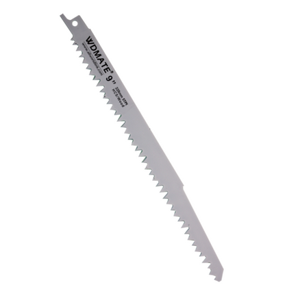 A 5x Reciprocating Saw Blade 228mm 9”5TPI Wood Timber 65Mn WDMATE designed for wood pruning. The white blade features large, sharp teeth along one edge and printed text displaying the brand and size, making it one of the essential wood cutting blades in your toolkit.