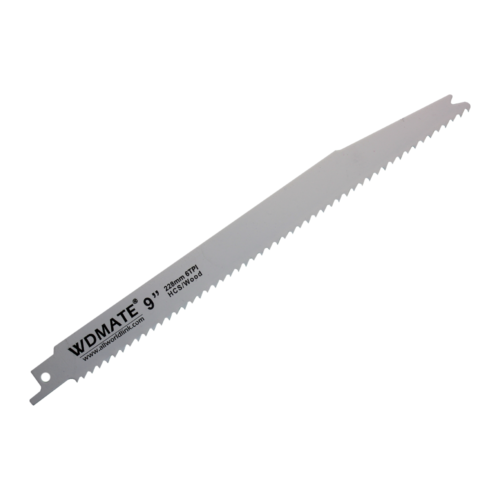 A metal reciprocating saw blade labeled "5x Reciprocating Saw Blade 228mm 9” 6TPI Wood Timber 65Mn WDMATE" with jagged teeth along one edge and a flat edge on the other. Ideal for wood timber, the blade boasts a white finish and a mounting hole on one end for attachment to a saw.