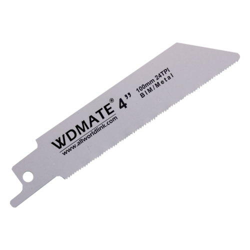 A 5x Reciprocating Saw Blade Soft Metal 100mm 4” 24TPI Bimetal WDMATE with specifications "4, 100mm 24TPI Bi-Metal" printed on it. Ideal for metal cutting, the blade has a straight body with a hole near the tang and a sharp, serrated edge, showcasing bimetal blades technology for enhanced durability.